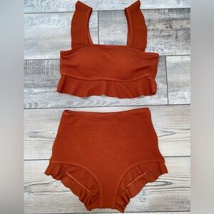 Retro Style Swimsuit 2pc High Waisted Bikini Burnt Orange Color Ruffles S